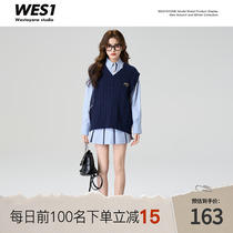 WISTAYONE 24 SS New College Wind Hide Blue Knit vest Spring Waistbat Blause