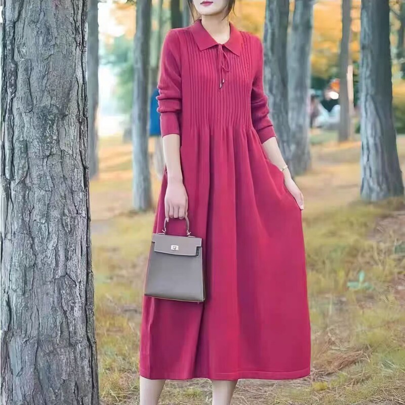 New Autumn and Winter Sweater Dress for Women, Long Lapel Loose Over-The-Knee Dress, Versatile Wool Knit Sweater Base Long Dress