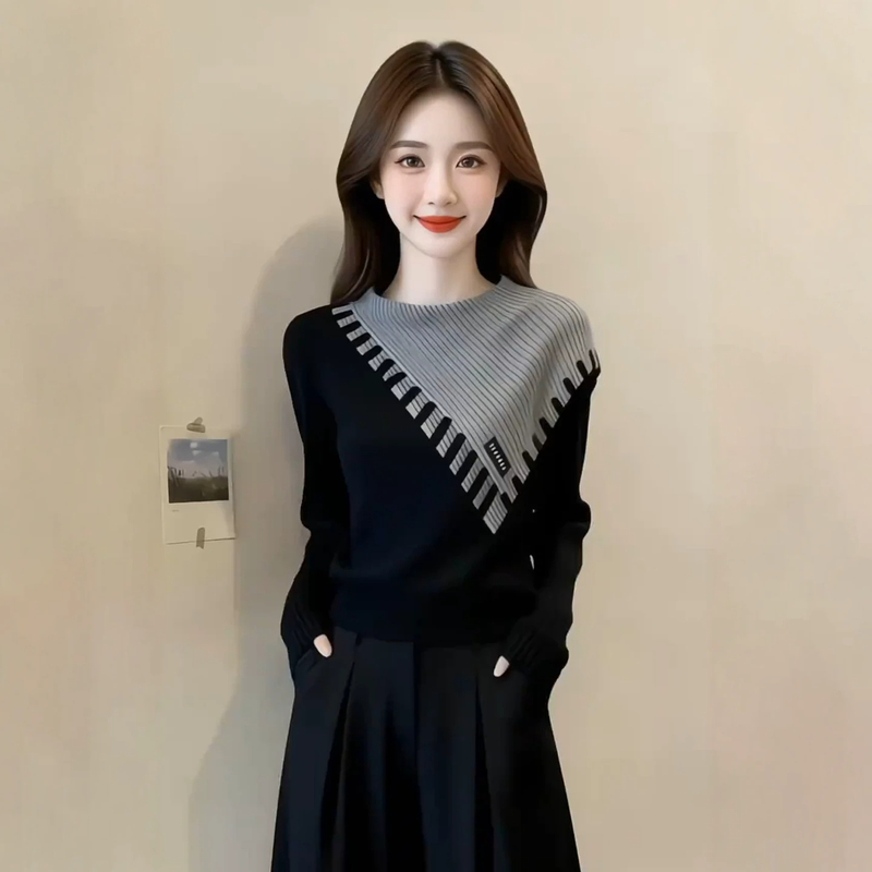 Irregular Fake Two-Piece Color-Blocked Knitted Sweater for Women, 2026 Autumn New Style, Loose and Slimming Base Shirt Sweater Irregular Fake Two-Piece Color-Blocked Knitted Sweater for Women, 2026 Autumn New Style, Loose and Slimming Base Shirt Sweater