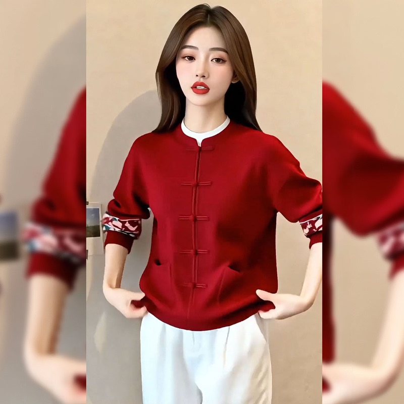 New Chinese Style Red Knitted Cardigan for Women 2026 Early Spring New Year Outfit Lazy Style Sweater Coat