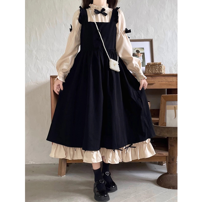 Girls' French-Style Bow Dress for Autumn and Winter, Junior High School Students' Japanese-Style Puff Sleeve Suspender Fake Two-Piece Dress