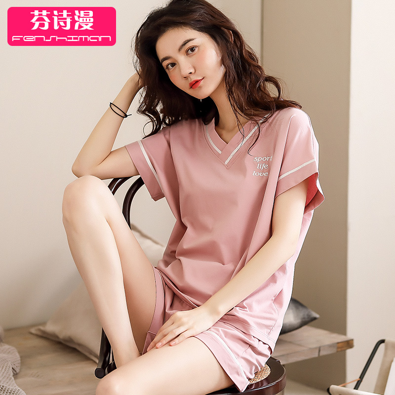 Pajama womens mùa hè cotton ngắn tay áo quần short mỏng Hàn Quốc phiên bản lỏng lẻo cô gái chùng bông nửa tay áo quần áo nhà hai mảnh bộ.