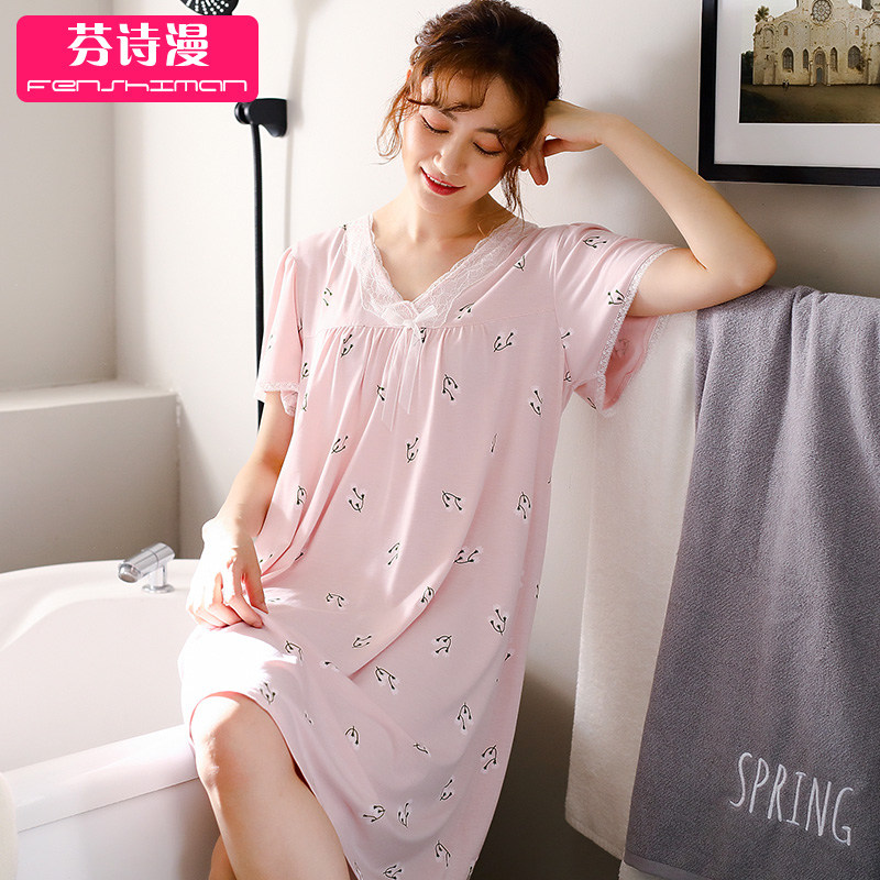 Pajama cô gái mùa hè Mordale lụa bông ngắn tay mùa hè mỏng dài hạn mẹ trung niên Han phiên bản loose-fitting cỡ lớn váy.