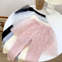Girls leggings skirt fake two pieces 2022 spring and autumn childrens outer wear foreign style baby culottes mesh cotton long pants
