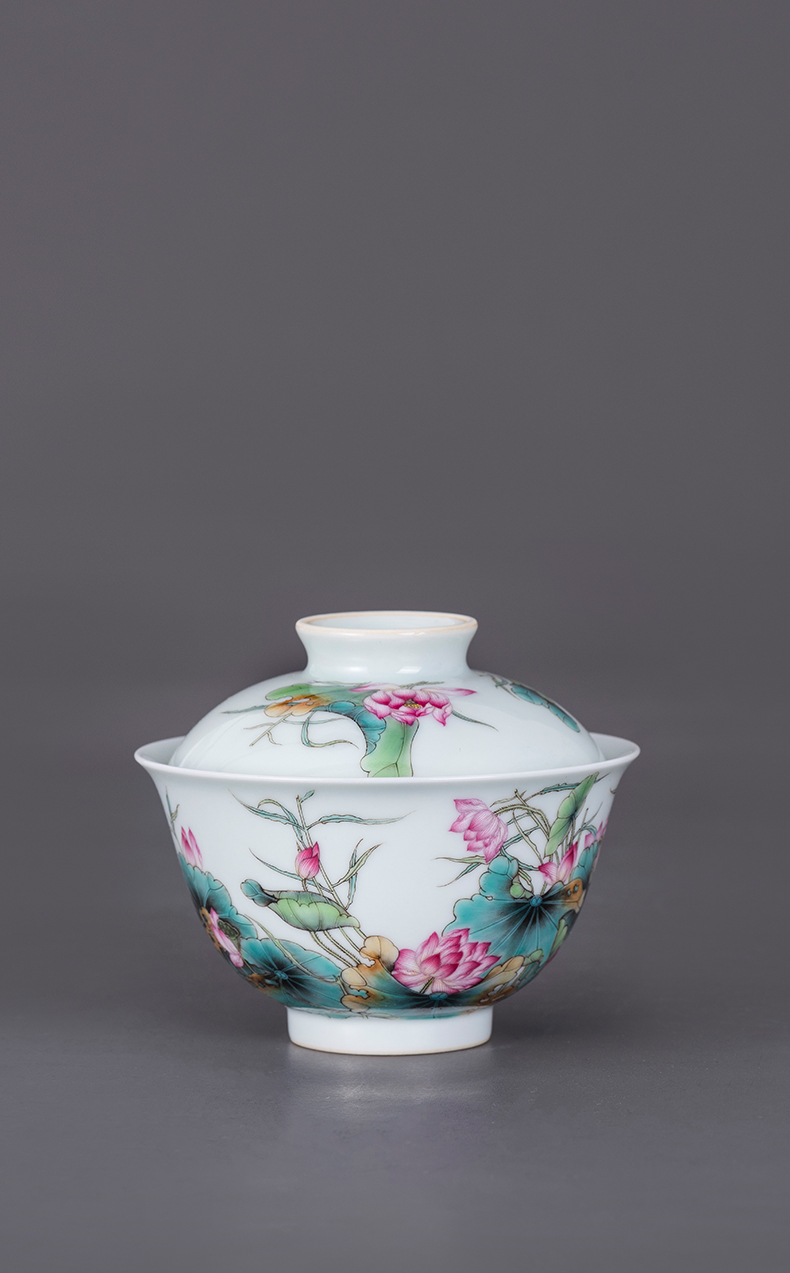 Colored enamel porcelain on kung fu lotus tureen 2 to jingdezhen ceramic high - end tea tureen large hand - made tea sets