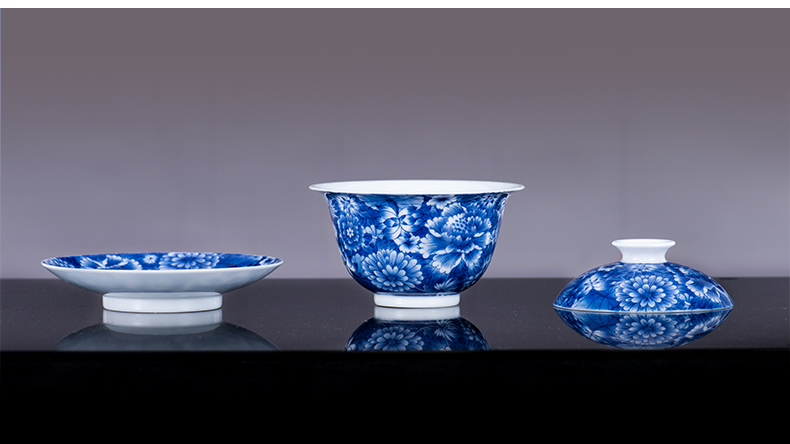 Jingdezhen blue and white flower is only manual hand - made all three tureen tea cups kung fu tea set large bowl tea cup