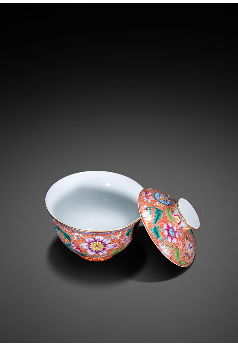 Jingdezhen hand - made flowers alum red treasure phase 2 only tureen manual kung fu porcelain enamel tea cups of tea bowl