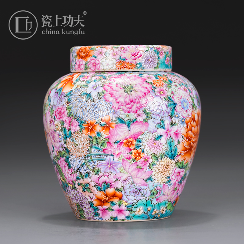 Enamel color Wanhua small tea leaf jars pure hand hand-painted porcelain pot swing piece handicraft collection Porcelain Lone Jingdezhen