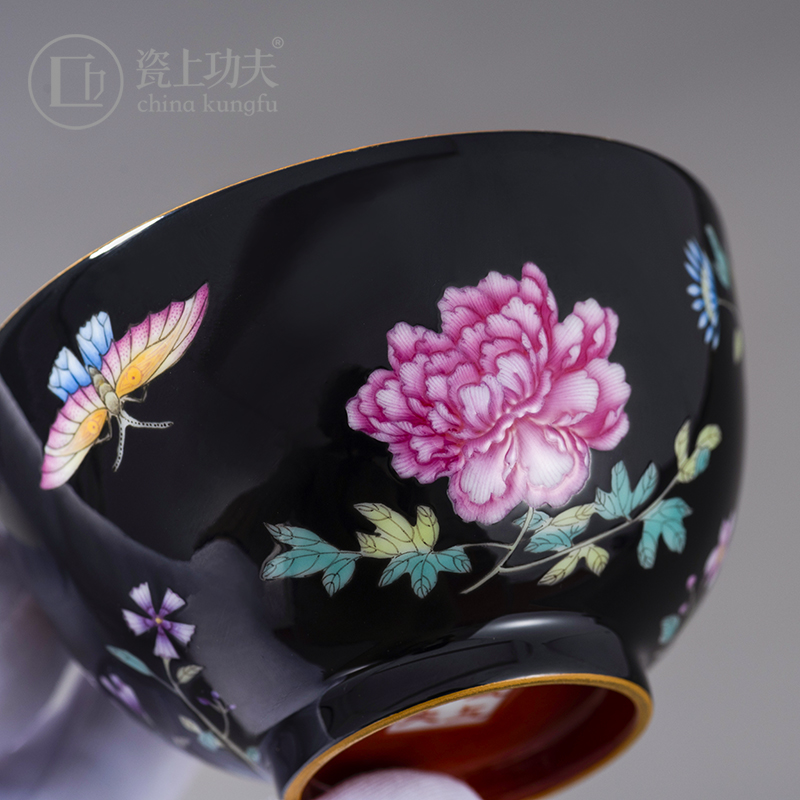 Hand - made colored enamel porcelain on kung fu master black peony sample tea cup cup of jingdezhen ceramic kung fu tea cup