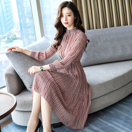 2018春款韩版长袖碎花雪纺连衣裙中长款春季