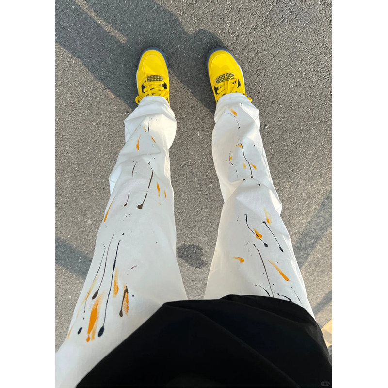 White Splatter Denim Jeans for Men, High-Waisted, Leg-Lengthening, Unique Design, American High Street Vibe, Straight-Leg Pants