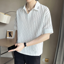 Striped V Collar T-Shirt Male Short Sleeve Summer With Collar T Male Tide Cards 50% Sleeves Brief Wind 100 Lap Shirt Collar Body