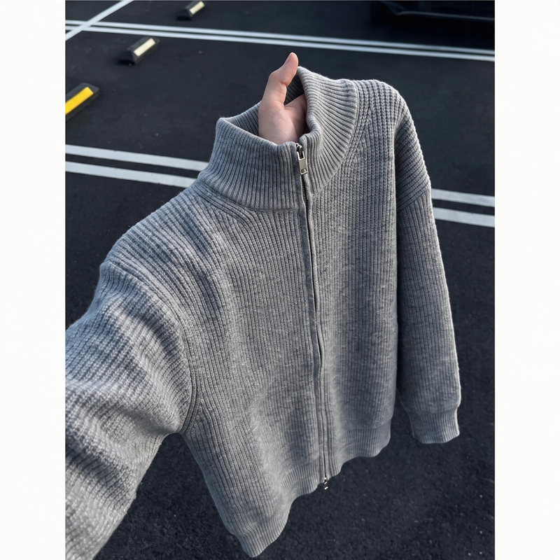 Light Gray Double-Zip Cardigan Sweater for Men, Autumn Lazy Style Stand-Up Collar Knitwear, Cleanfit Jacket