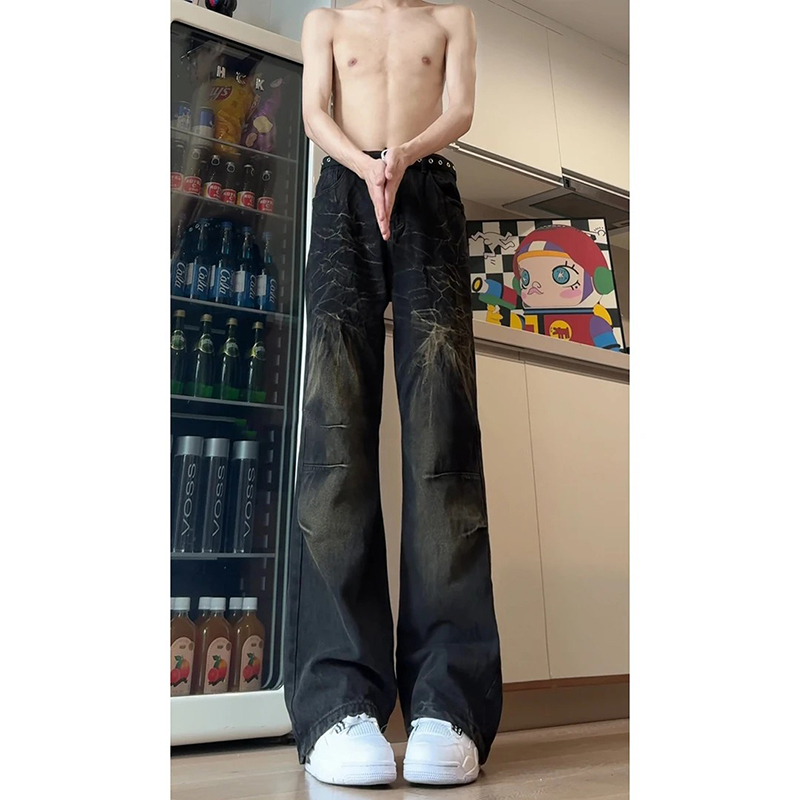 Washed American Vibe Pants for Men, Tall Style, Lightning Pattern, Curved Knife Flare Jeans, High-Waisted, Straight-Leg Pants