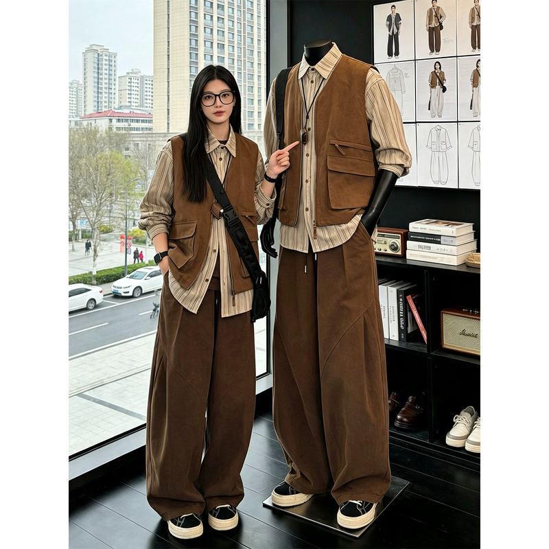 Coffee-Colored Retro Workwear Vest Suit for Men, Japanese Style Outfit with Striped Shirt, Scimitar, and Wide-Leg Pants, Complete Set