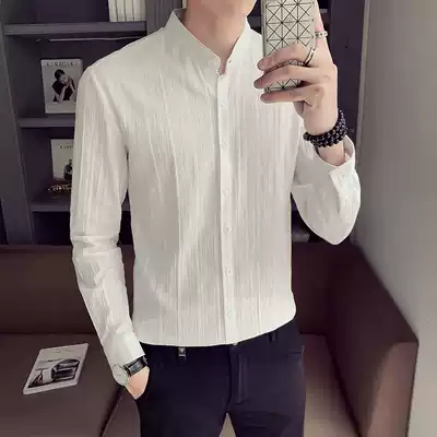 Autumn men's Korean handsome stand neck shirt long sleeve slim collar shirt trend versatile inch shirt