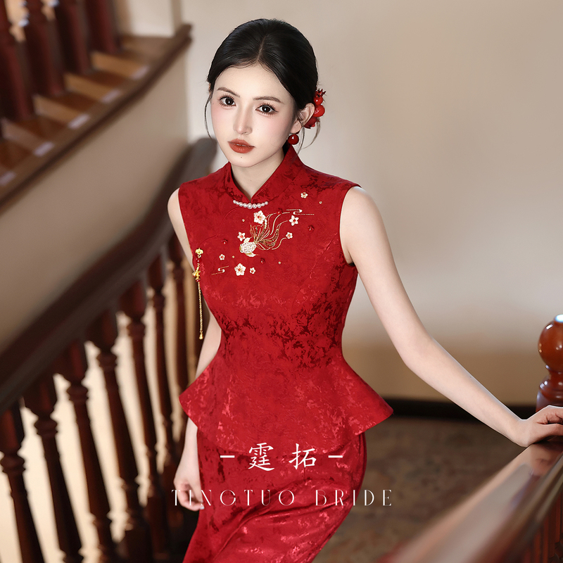 Tingtuo Chinese-Style Improved Red Engagement Cheongsam Set, Niche Bride's New Toast Dress, Homecoming Dress, High-End Original Design Tingtuo Chinese-Style Improved Red Engagement Cheongsam Set, Niche Bride's New Toast Dress, Homecoming Dress, High-End Original Design