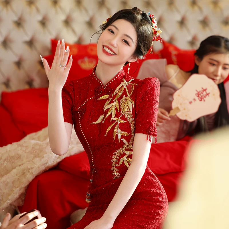 Чэнсоong Cheongsam, вечернее платье, свадебное платье, красная юбка, китайский стиль, с вышивкой