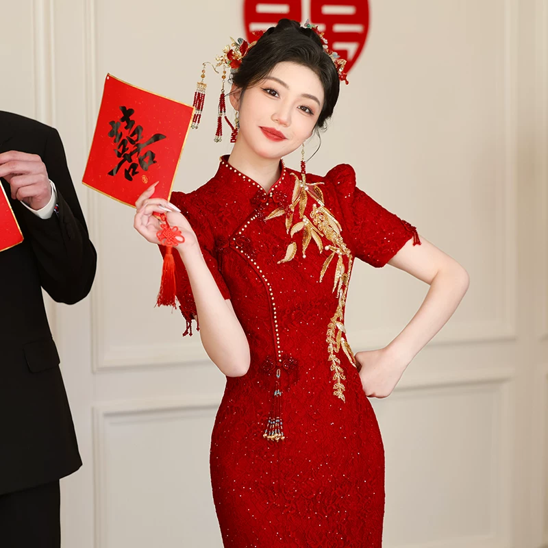 Чэнсоong Cheongsam, вечернее платье, свадебное платье, красная юбка, китайский стиль, с вышивкой