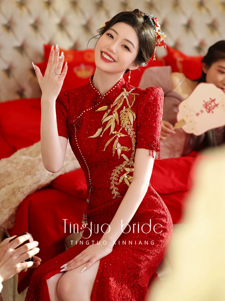 Чэнсоong Cheongsam, вечернее платье, свадебное платье, красная юбка, китайский стиль, с вышивкой