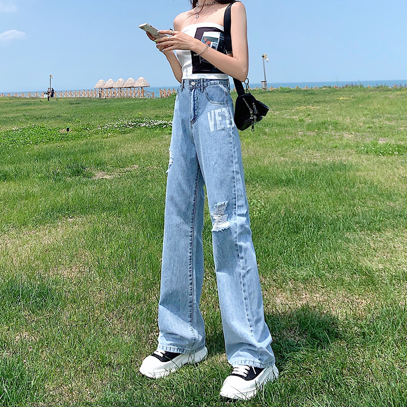 Ripped wide-leg jeans women's summer thin section 2022 new high-waist design straight letter print mopping pants