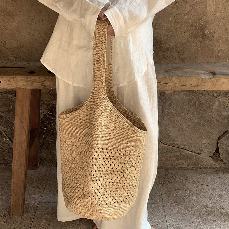 Mofan Original/100% Raffia Bucket Bag for Women 2025 Spring/Summer New Versatile Large Capacity Woven Shoulder Bag