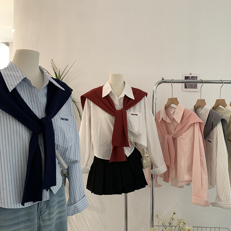 Omalai Lapel Vertical Stripe Letter Embroidery Long-Sleeve Shirt + Solid Color Knitted Shawl Two-Piece Set Top