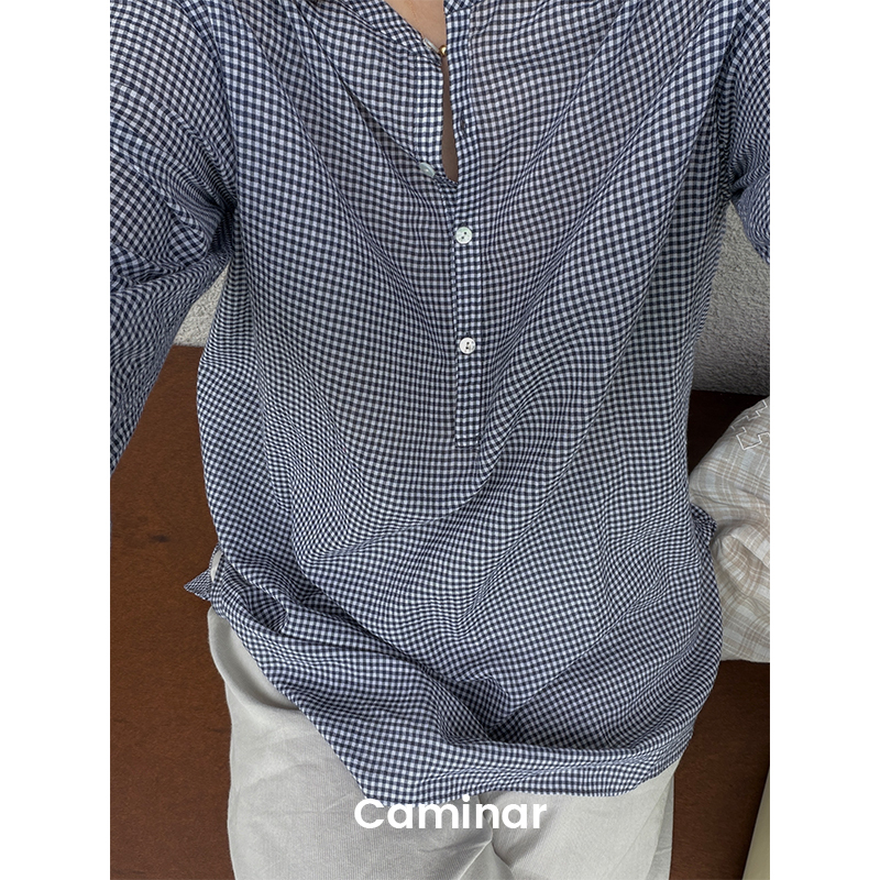Caminar “Endless Summer” “Navy Blue and White Checkered” Must-Have Imported Japanese Cotton Henry Collar Long-Sleeve Shirt Caminar “Endless Summer” “Navy Blue and White Checkered” Must-Have Imported Japanese Cotton Henry Collar Long-Sleeve Shirt