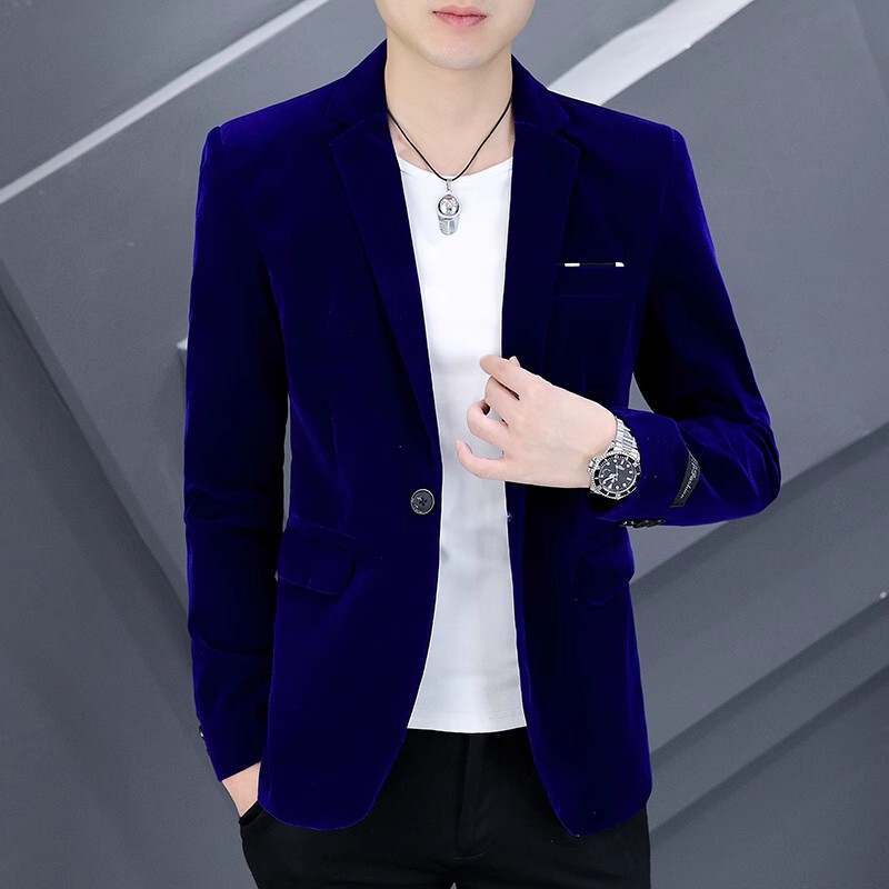 Spring and Autumn Men's Velvet Suit Jacket, Korean Style Slim Fit Solid Color Single-Piece Top, Trendy and Stylish Velvet Blazer