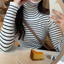 2021 New pile turtleneck pullover skinny base shirt autumn winter plus velvet padded stripe T-shirt