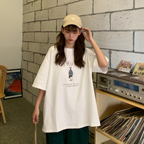 Large size short sleeve T-shirt female summer 2021 loose medium long style Harajuku style students ins Korean version Joker half sleeve