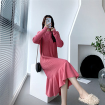 Large size fat mm knitted Hepburn dress autumn and winter knee long with coat sweater skirt temperament