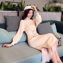 Knitted dress autumn and winter goddess fan celebrity turtleneck sweater skirt bottom long skirt French waist two-piece skirt