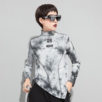 Long sleeve top female spring and autumn 2020 Joker Korean loose high neck tie dyed t-shirt irregular thin base shirt