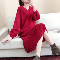 Large size fat mm knitted dress womens autumn and winter V collar loose with overcoat bottom knee sweater skirt
