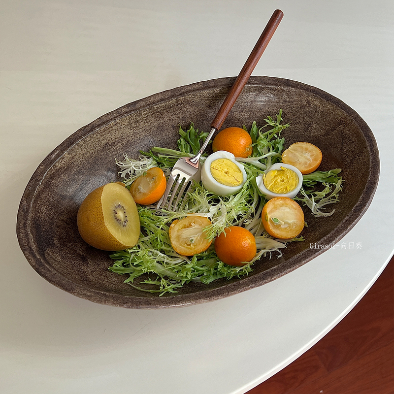 Jingdezhen Coarse Pottery Mottled Coffee-Colored Boat-Shaped Oval Plate Dish for Home Use 2025 New Model Homestay Deep Plate Salad Plate Jingdezhen Coarse Pottery Mottled Coffee-Colored Boat-Shaped Oval Plate Dish for Home Use 2025 New Model Homestay Deep Plate Salad Plate