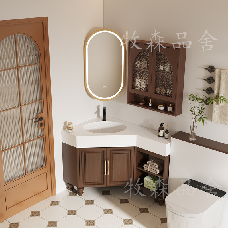 Vintage-Style Corner Bathroom Cabinet, Unique Design for Small Apartments, Corner Washbasin, Washstand, Triangular Bathroom Cabinet Set, Bathroom Furniture