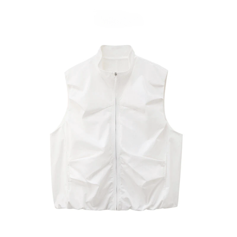 Spring and Summer New Luxury Niche American-Style Simple Solid Color Pleated Breathable Zipper Fashion Stand-Up Collar Versatile Fashion Vest Spring and Summer New Luxury Niche American-Style Simple Solid Color Pleated Breathable Zipper Fashion Stand-Up Collar Versatile Fashion Vest