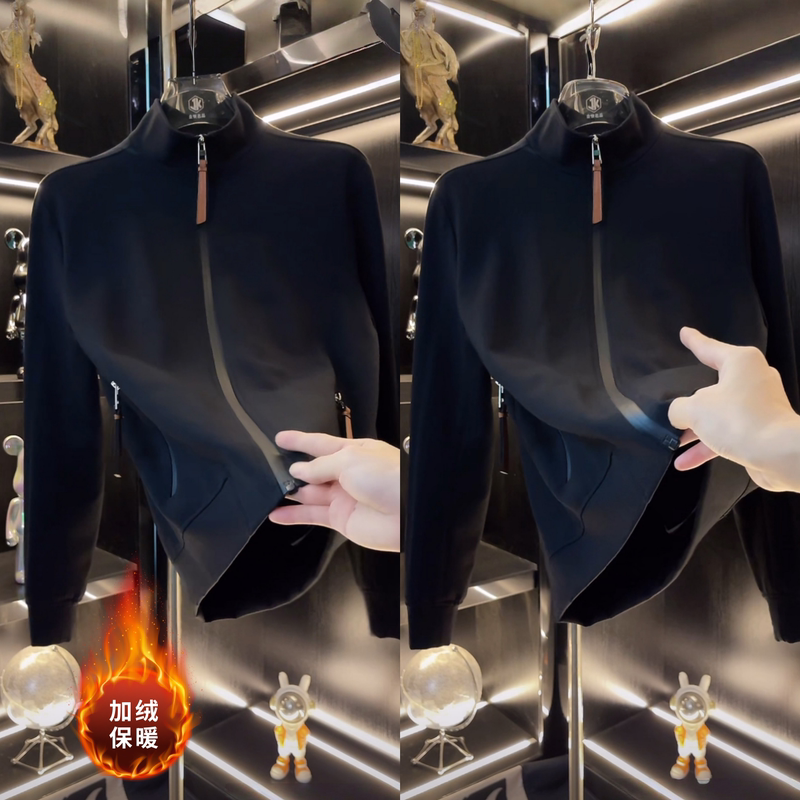 Light Luxury and High-End Men's New Winter Fleece-Lined Stand-Up Collar Jacket, Warm, Simple, Versatile and Fashionable Zipper Jacket