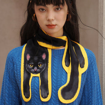 Kamo Original Little Black Cat Print Silk Scarf, Silky and Skin-Friendly Women's Accessory, Neck Scarf, Personalized Neck Protector, Bright Yellow Scarf