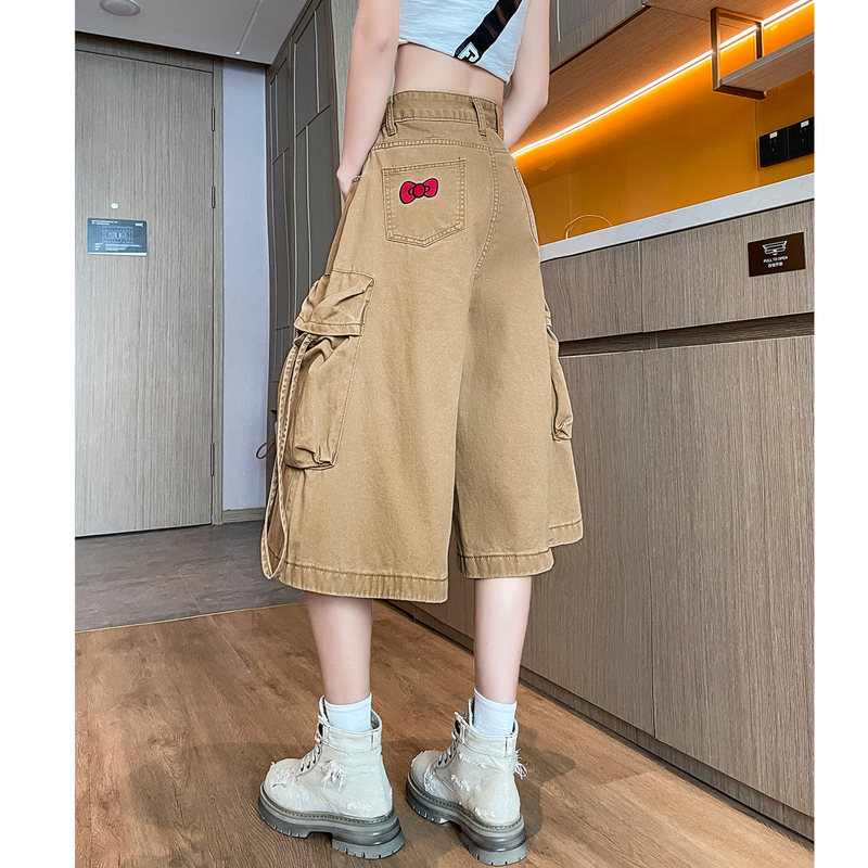 American-Style Workwear Jeans for Women 2026 New Wide-Leg Loose Six-Point Length Petite Embroidered Khaki Pants