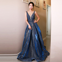 2021 New starry blue evening dress Party long deep V sexy temperament Noble dinner party dress female fairy
