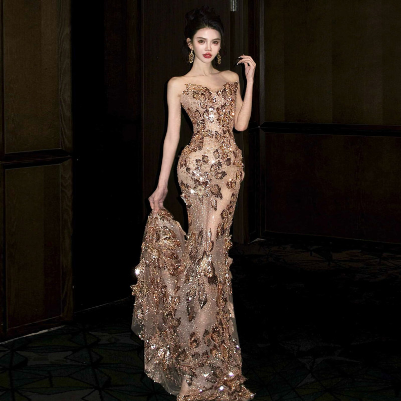 Gold Sequin Toast Dress for the Bride, Heavy-Duty Strapless Engagement Evening Gown, High-End Light Luxury Birthday Banquet Host Gold Sequin Toast Dress for the Bride, Heavy-Duty Strapless Engagement Evening Gown, High-End Light Luxury Birthday Banquet Host