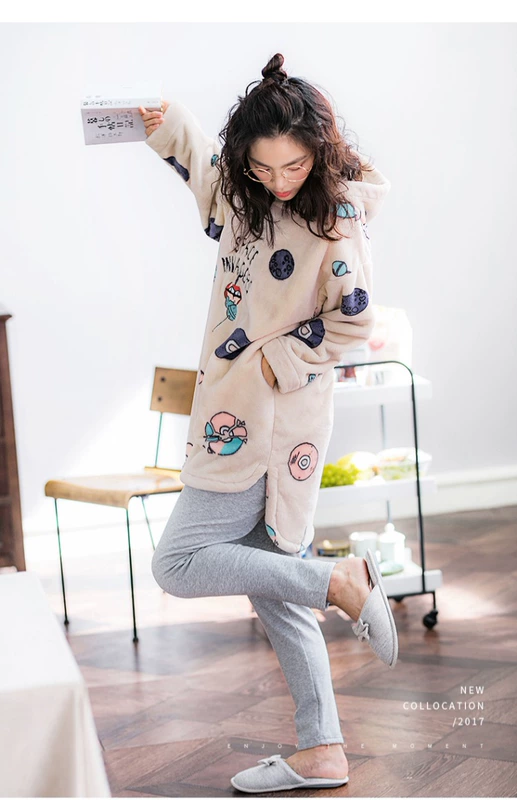 Jing Yun san hô nhung nữ đồ ngủ mùa đông dịch vụ nhà dễ thương trùm đầu ấm dày flannel nhà thiết lập bộ lanh thái mặc nhà