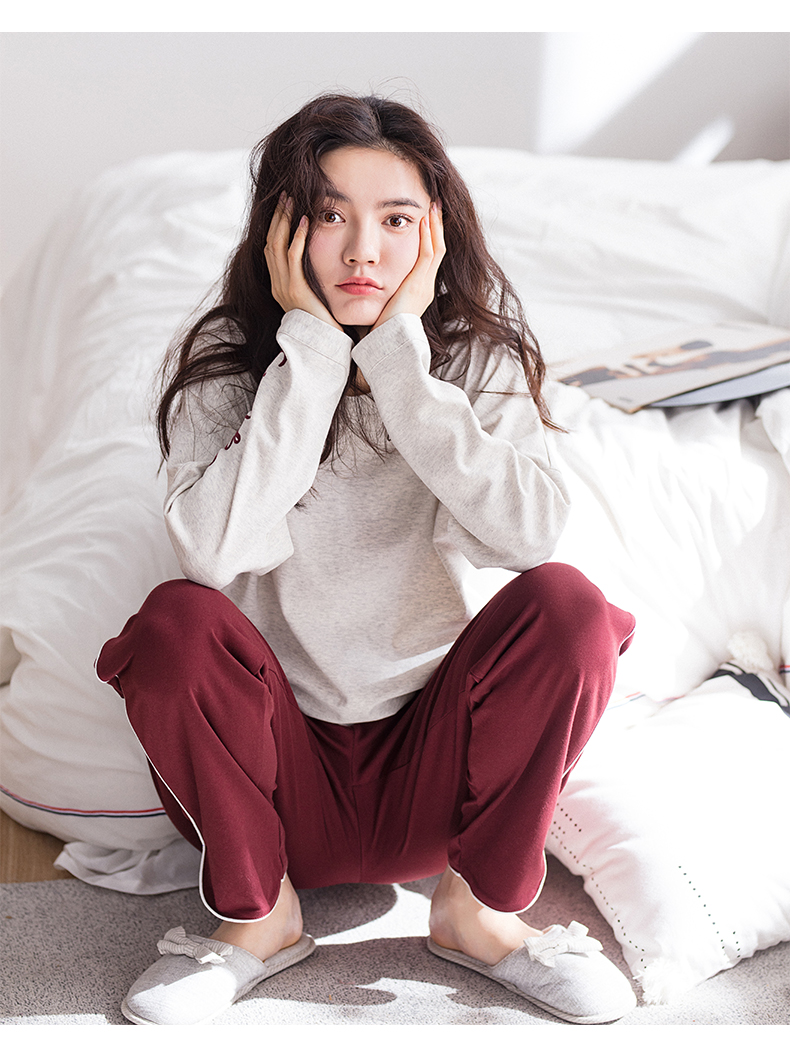 Jing Yun nữ đồ ngủ cotton dài tay mùa xuân dịch vụ nhà đơn giản phù hợp với đơn giản lỏng lẻo có thể mặc bên ngoài nhà quần áo mùa thu đồ pijama nữ