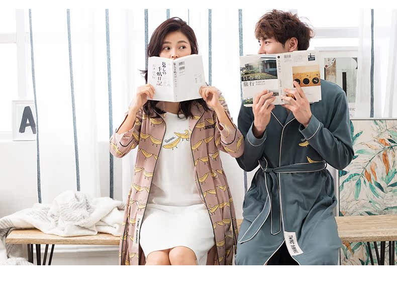 Jing Yun vài bộ đồ ngủ mùa thu cotton dài tay áo choàng tắm nam dịch vụ nhà dài đoạn giản dị váy ngủ phụ nữ áo choàng ngủ nam