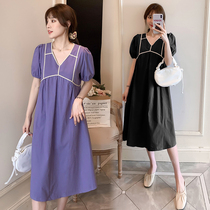 Pregnant woman Xia Fashion Herben style dress with long style 2022 FASHION TEMPERAMENT SPICY MOTHER LOOSE BIG CODE CASUAL COTTON LINEN DRESS