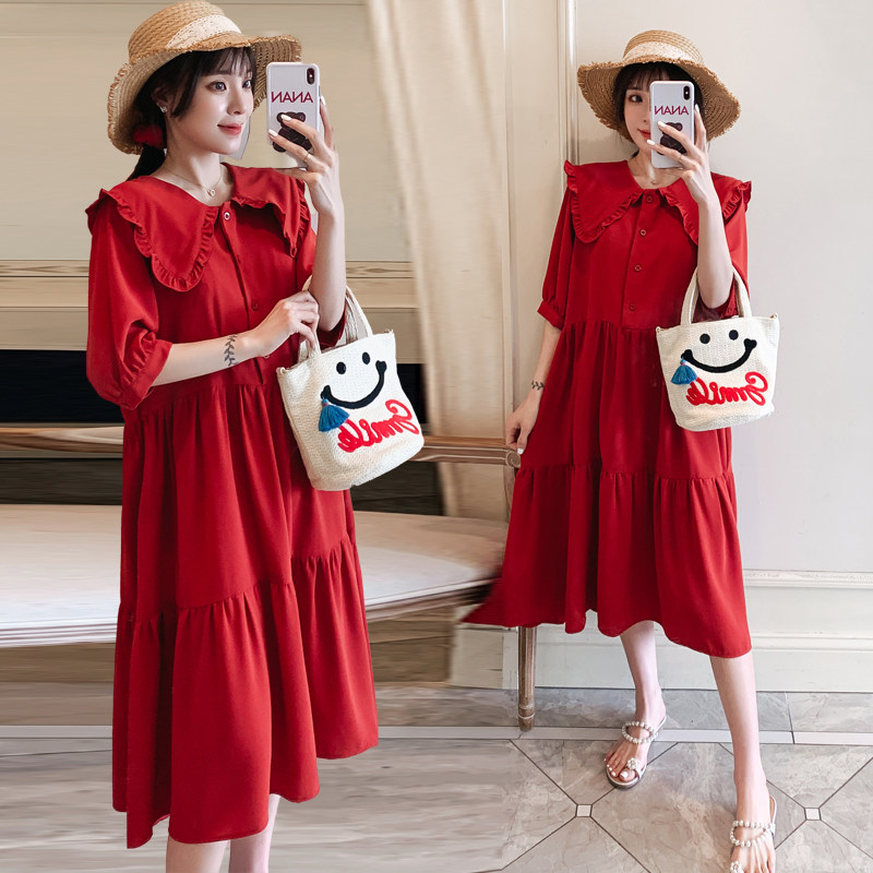 2023 Summer new pregnant women Summer dress nets Red style Ocean Wave Hot Moms Big Code Loose Pregnancy Woman Dress Dress-Taobao