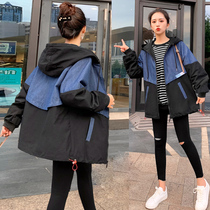 Maternity spring denim top splicing casual long-sleeved hooded large size loose fat mm windbreaker spring and autumn maternity coat