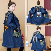Autumn denim jacket for pregnant women Korean style British style fashionable large size loose mid-pregnancy hooded windbreaker mid-length